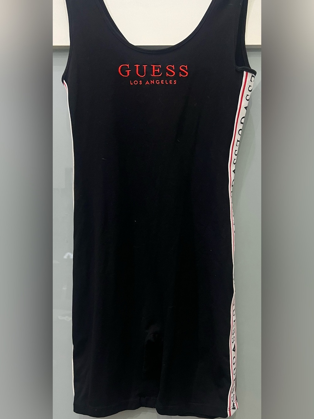 GUESS Black Biker Shorts One Piece with Red Logo and White Side Tape M